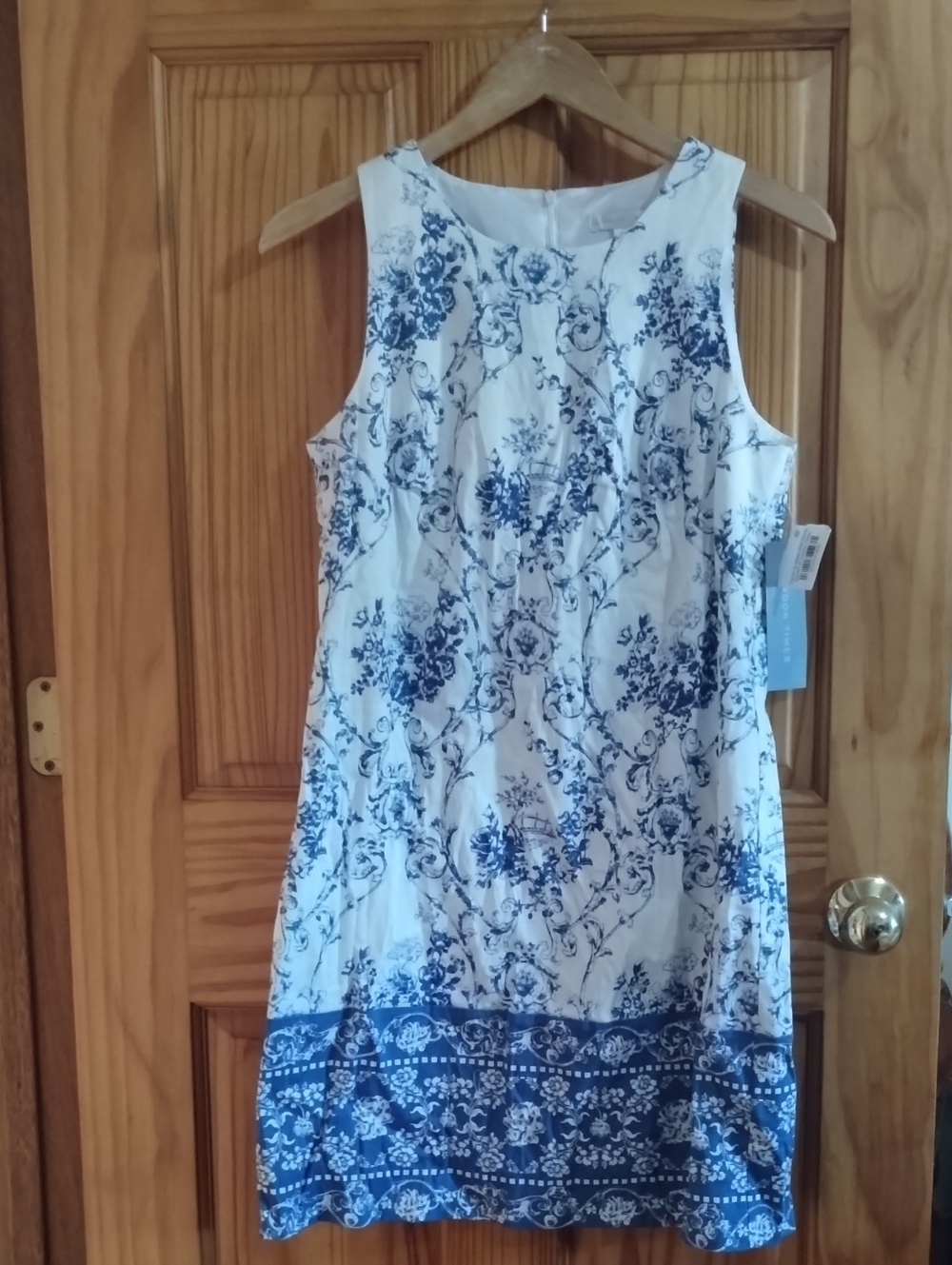 London Times White Dress with Blue Floral Border